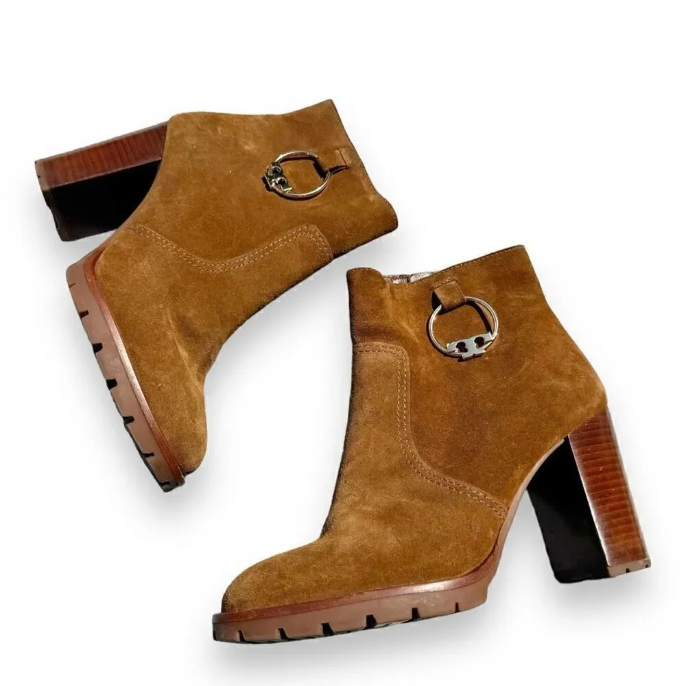 Tory Burch Sofia Brown Suede Lug Sole Bootie Gold Logo Charm Stacked Heel Sz 8.5